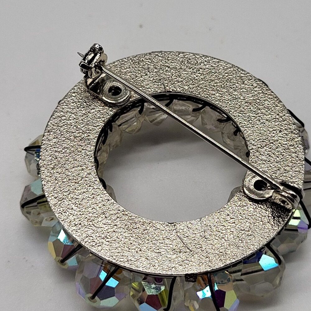 Vintage Aurora Borealis AB Beaded Circle Brooch Pin With Silver Tone Back - Picture 4 of 9